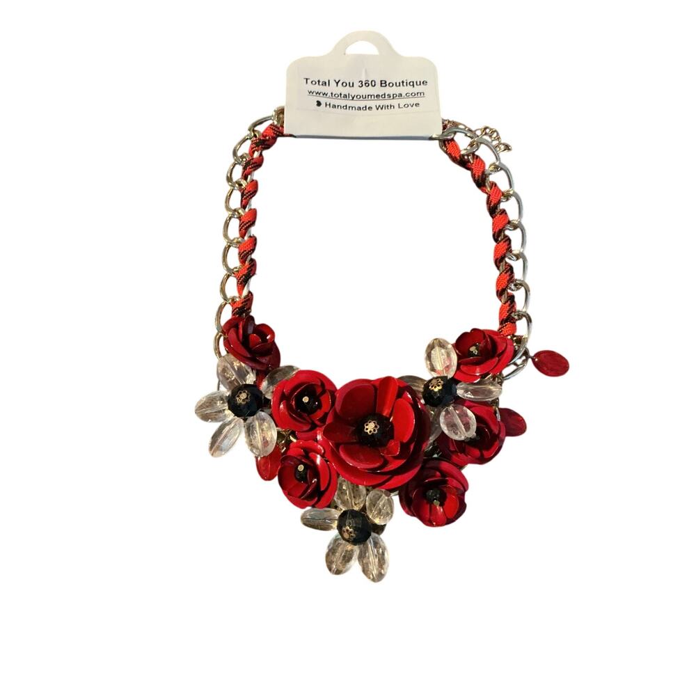 Red Floral Statement Bib Necklace Gold Tone Chain Chunky Flower Design lot of 2